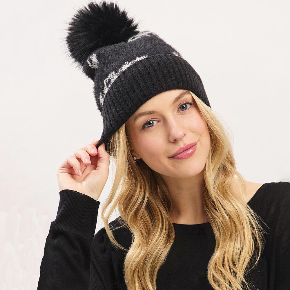 Fuzzy Cuff & Pom Beanie With Plaid Detail - Soft & Fuzzy Inside - One Size Fits Most - 50% Acrylic / 50% Spandex view 2