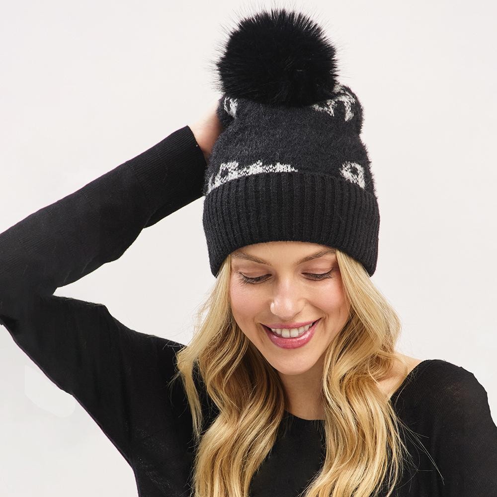 Fuzzy Cuff & Pom Beanie With Plaid Detail - Soft & Fuzzy Inside - One Size Fits Most - 50% Acrylic / 50% Spandex view 4