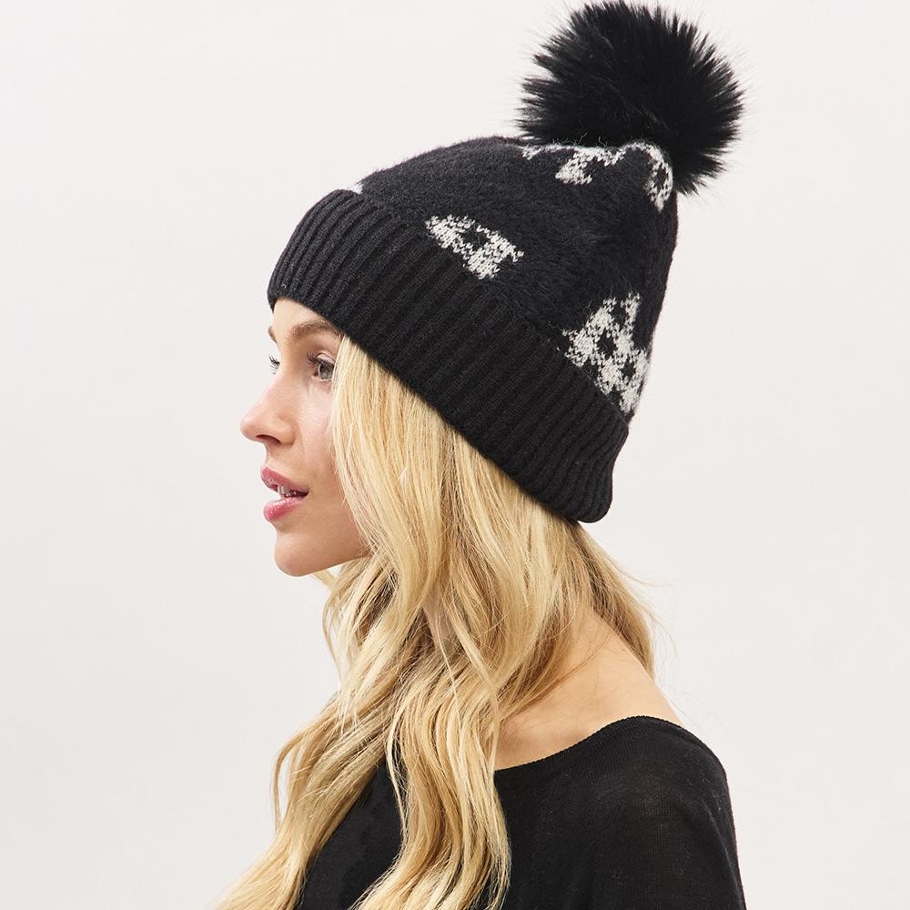 Fuzzy Cuff & Pom Beanie With Plaid Detail - Soft & Fuzzy Inside - One Size Fits Most - 50% Acrylic / 50% Spandex view 6