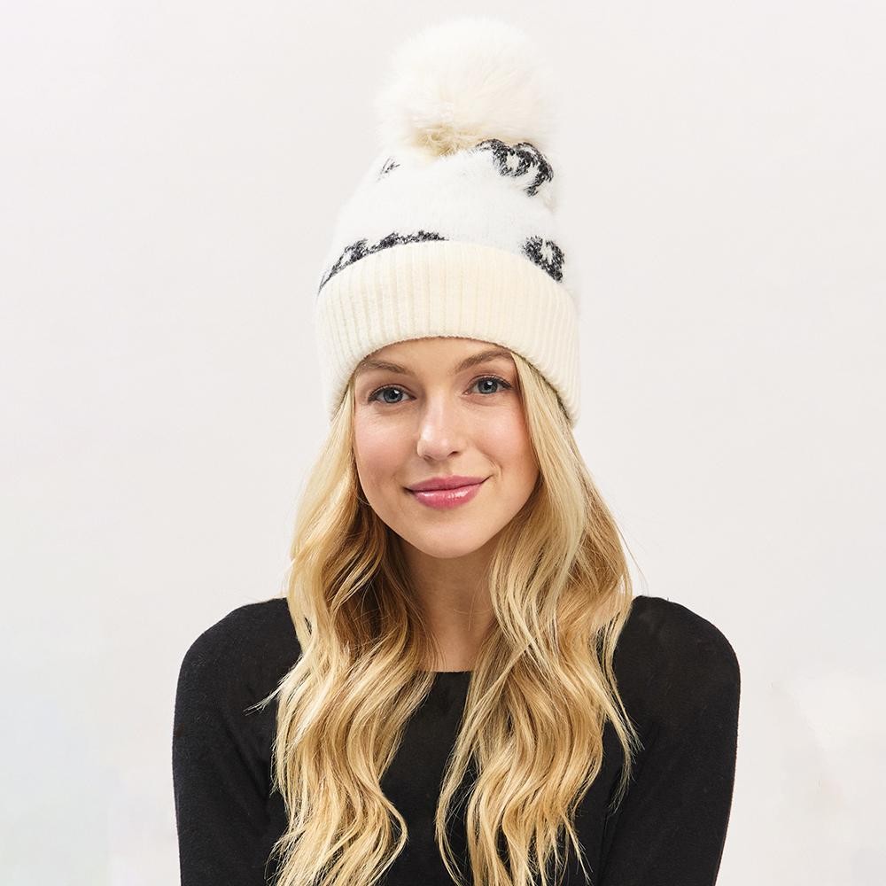 Fuzzy Cuff & Pom Beanie With Plaid Detail - Soft & Fuzzy Inside - One Size Fits Most - 50% Acrylic / 50% Spandex view 2