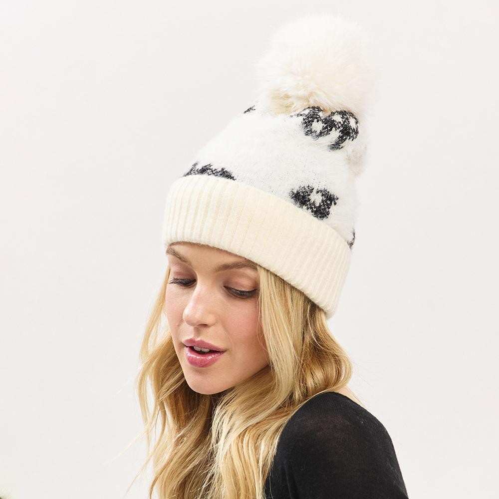 Fuzzy Cuff & Pom Beanie With Plaid Detail - Soft & Fuzzy Inside - One Size Fits Most - 50% Acrylic / 50% Spandex view 4