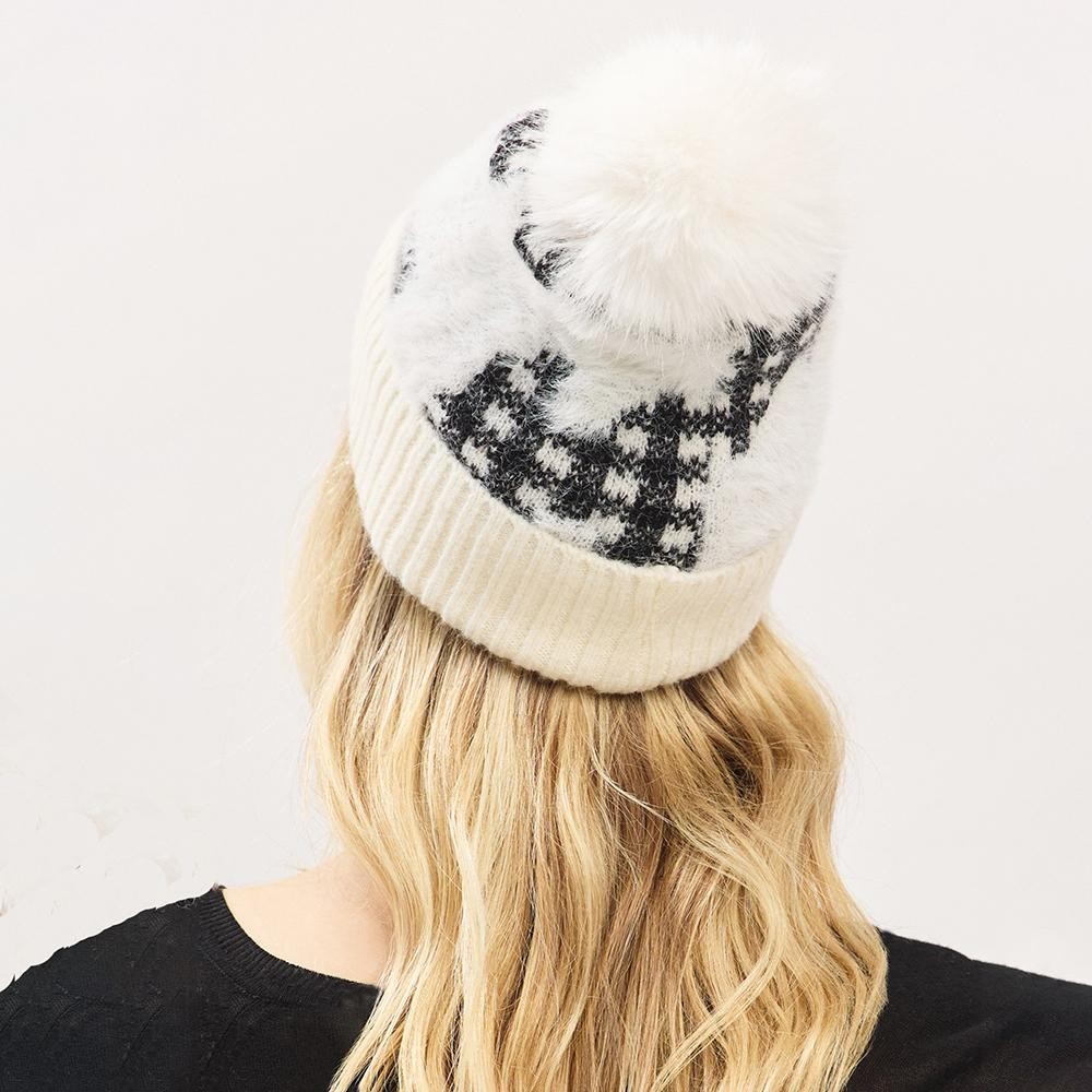 Fuzzy Cuff & Pom Beanie With Plaid Detail - Soft & Fuzzy Inside - One Size Fits Most - 50% Acrylic / 50% Spandex view 6