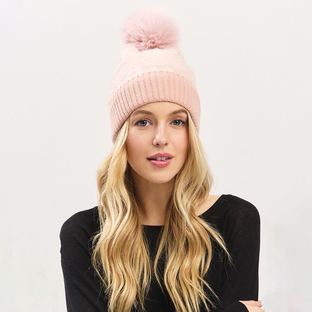 Fuzzy Cuff & Pom Beanie With Plaid Detail - Soft & Fuzzy Inside - One Size Fits Most - 50% Acrylic / 50% Spandex view 2
