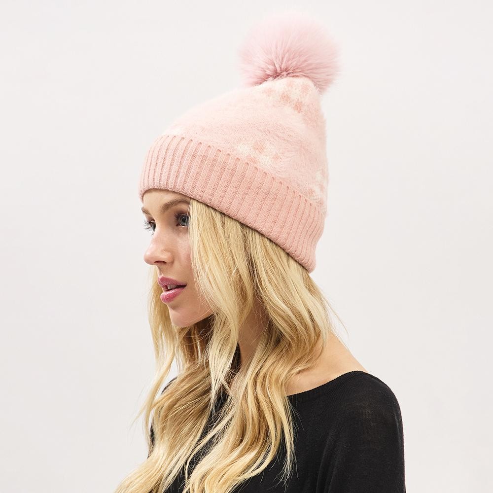 Fuzzy Cuff & Pom Beanie With Plaid Detail - Soft & Fuzzy Inside - One Size Fits Most - 50% Acrylic / 50% Spandex view 4