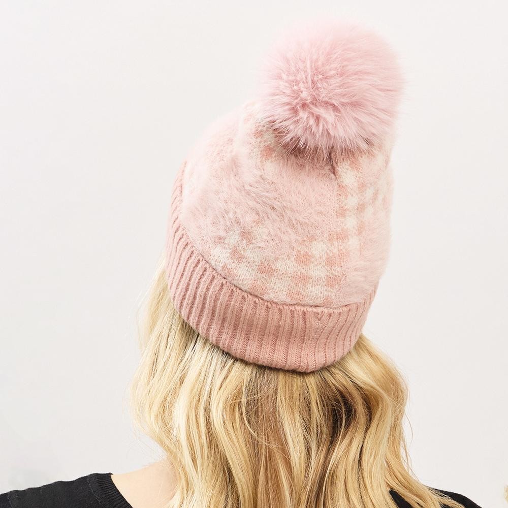 Fuzzy Cuff & Pom Beanie With Plaid Detail - Soft & Fuzzy Inside - One Size Fits Most - 50% Acrylic / 50% Spandex view 6