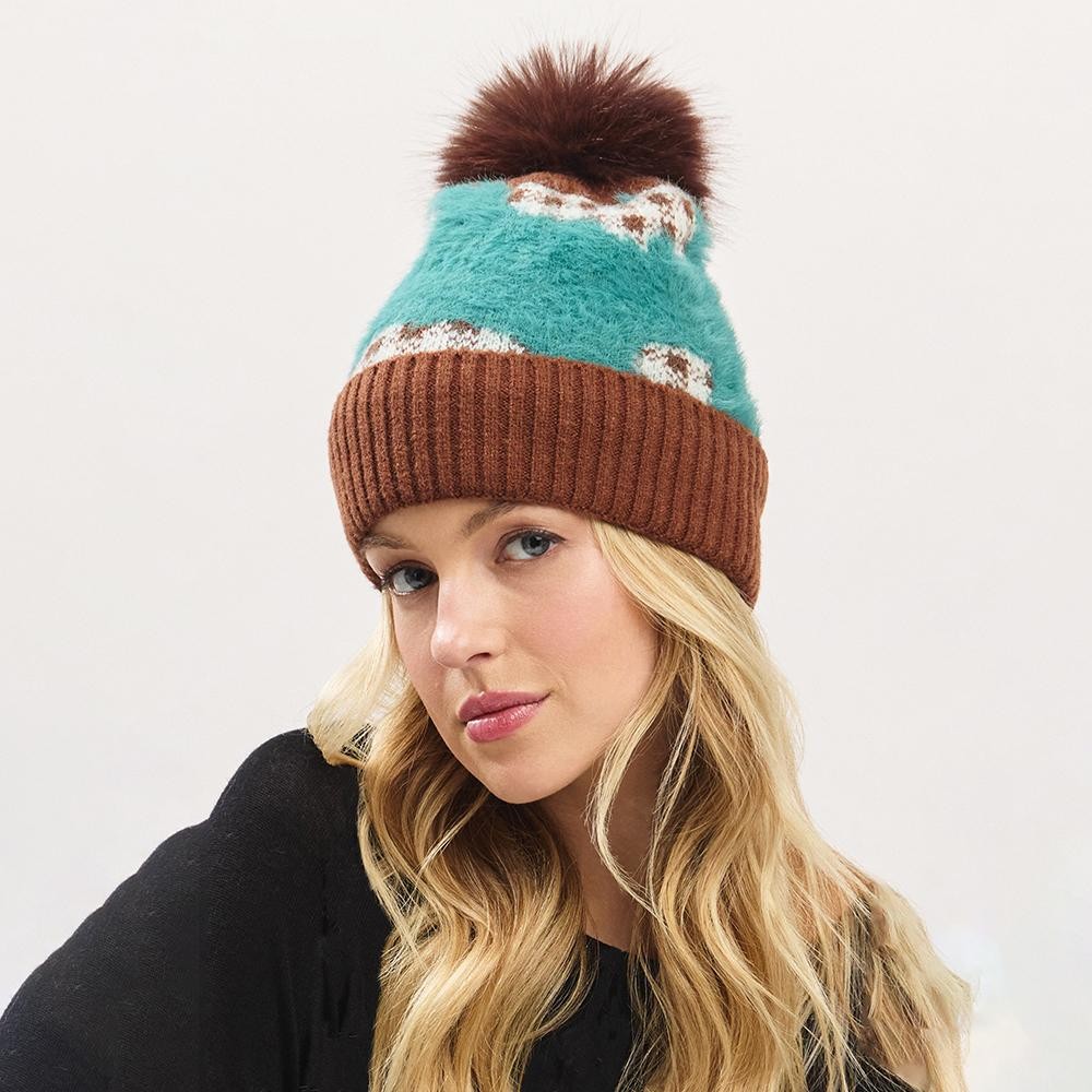 Fuzzy Cuff & Pom Beanie With Plaid Detail - Soft & Fuzzy Inside - One Size Fits Most - 50% Acrylic / 50% Spandex view 2