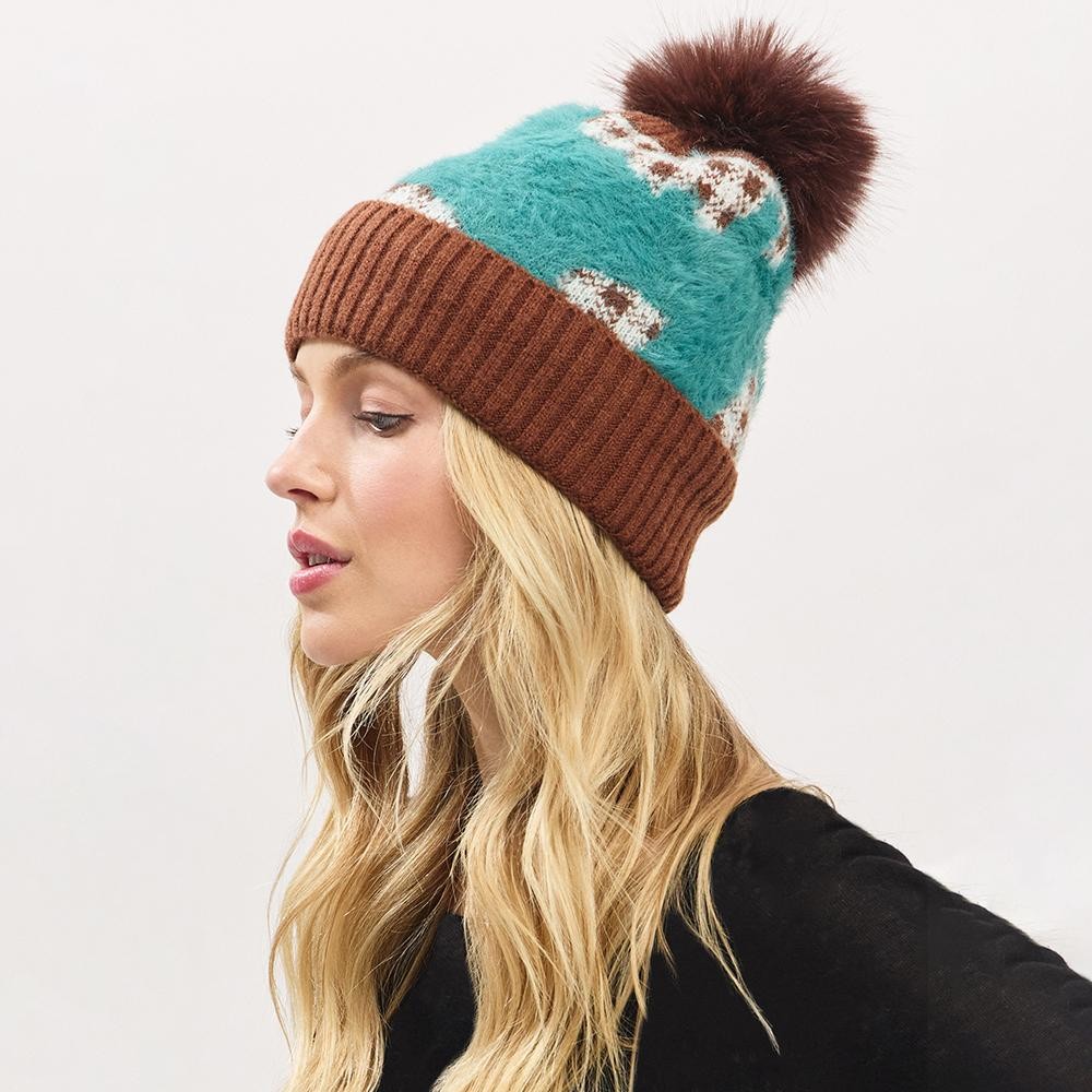 Fuzzy Cuff & Pom Beanie With Plaid Detail - Soft & Fuzzy Inside - One Size Fits Most - 50% Acrylic / 50% Spandex view 4