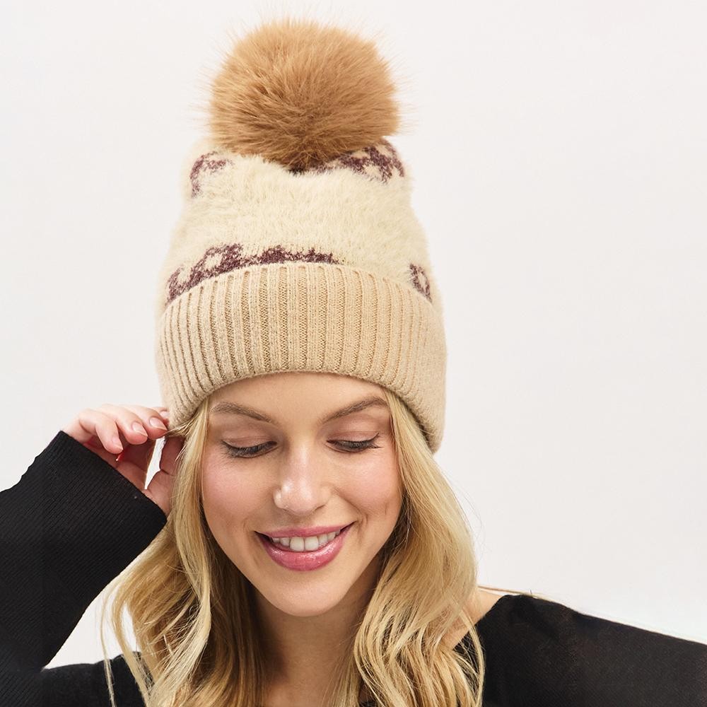 Fuzzy Cuff & Pom Beanie With Plaid Detail - Soft & Fuzzy Inside - One Size Fits Most - 50% Acrylic / 50% Spandex view 2