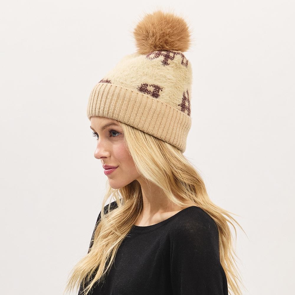 Fuzzy Cuff & Pom Beanie With Plaid Detail - Soft & Fuzzy Inside - One Size Fits Most - 50% Acrylic / 50% Spandex view 4
