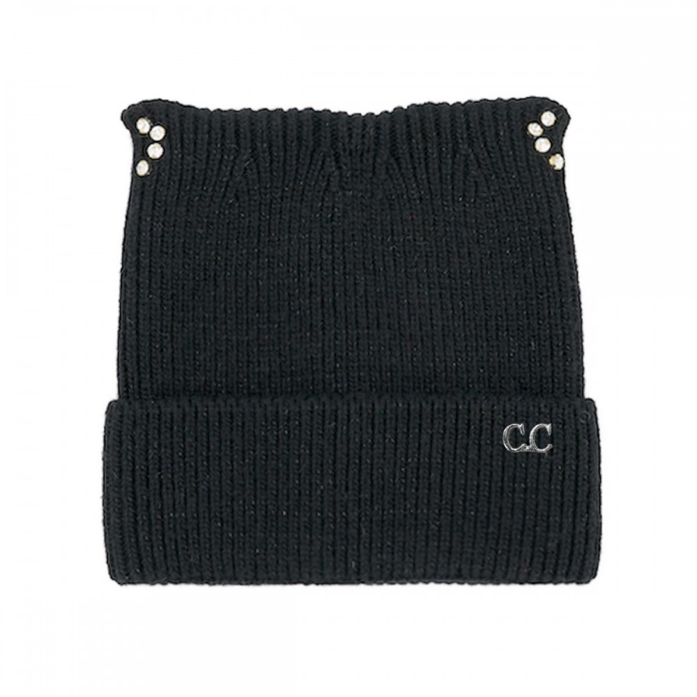 C.C HTC0140 Cable Knit & Tinsel Beanie With Rhinestone Cat Ear Detail - 60% Nylon / 30% Viscose / 10% Angora - One Size Fits Most view 2