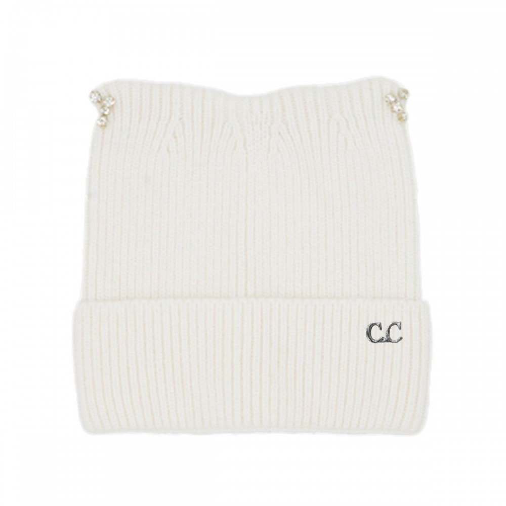C.C HTC0140 Cable Knit & Tinsel Beanie With Rhinestone Cat Ear Detail - 60% Nylon / 30% Viscose / 10% Angora - One Size Fits Most view 2