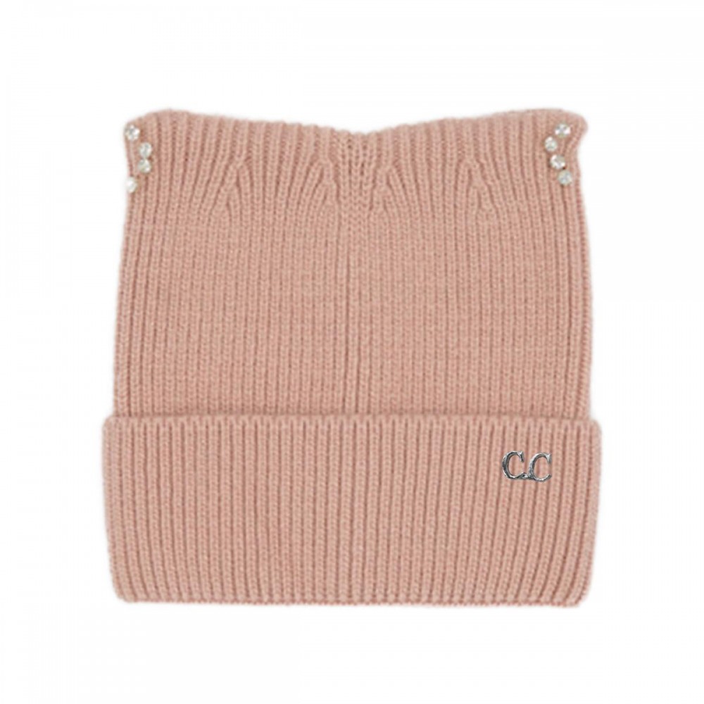 C.C HTC0140 Cable Knit & Tinsel Beanie With Rhinestone Cat Ear Detail - 60% Nylon / 30% Viscose / 10% Angora - One Size Fits Most view 2