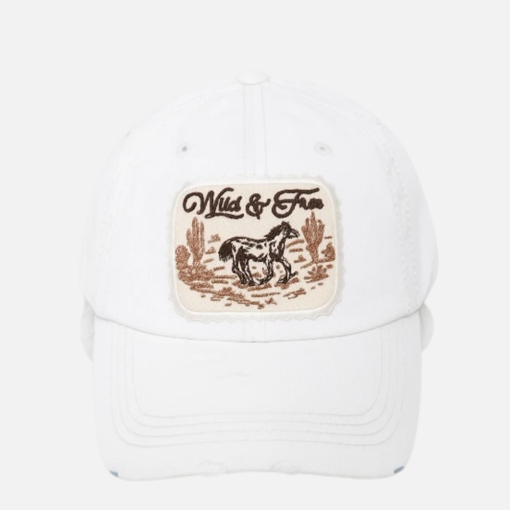 "Wild & Free" Patch Distressed Baseball Cap - One Size Fits Most - Velcro Adjustable Closure - 100% Cotton view 2