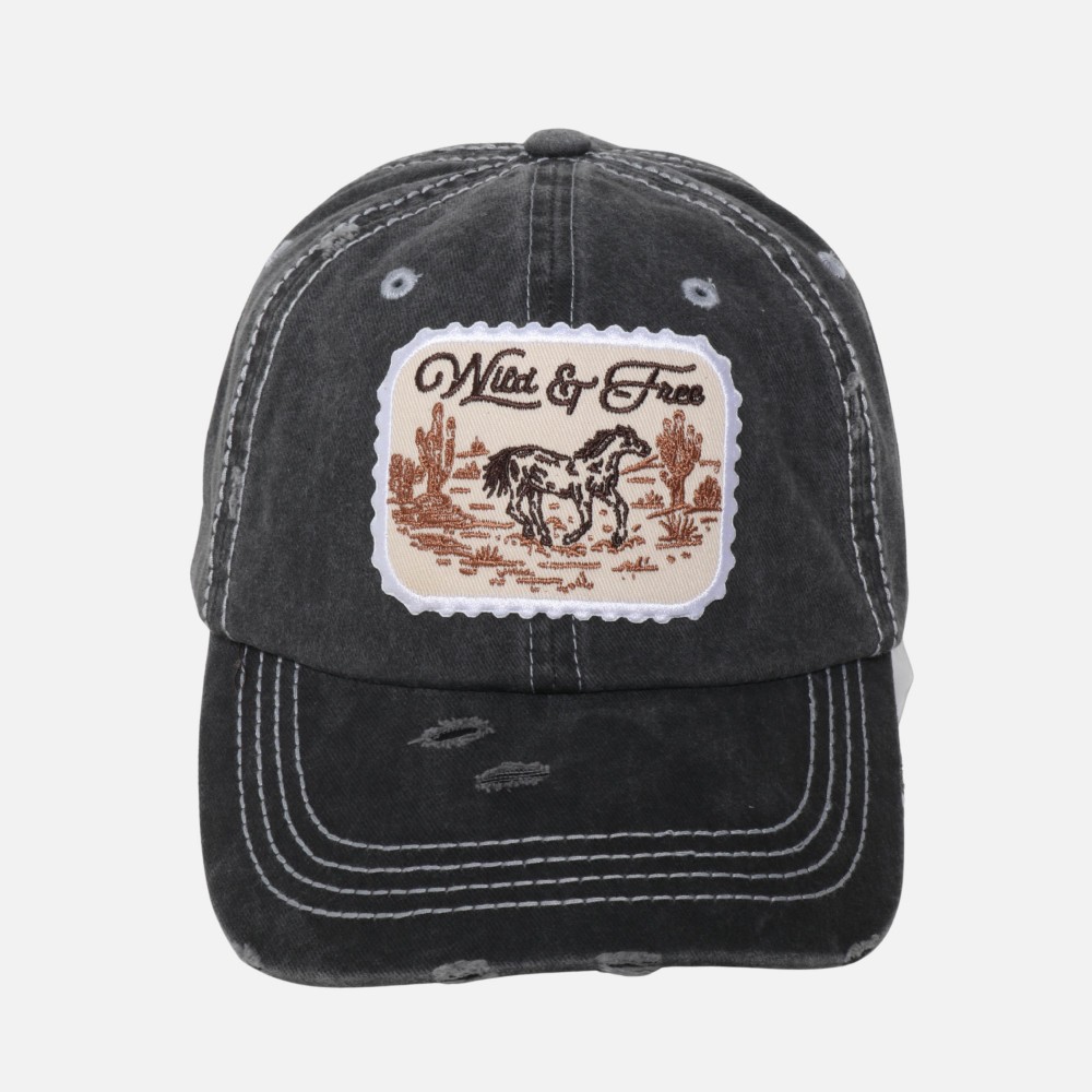 "Wild & Free" Patch Distressed Baseball Cap - One Size Fits Most - Velcro Adjustable Closure - 100% Cotton view 2