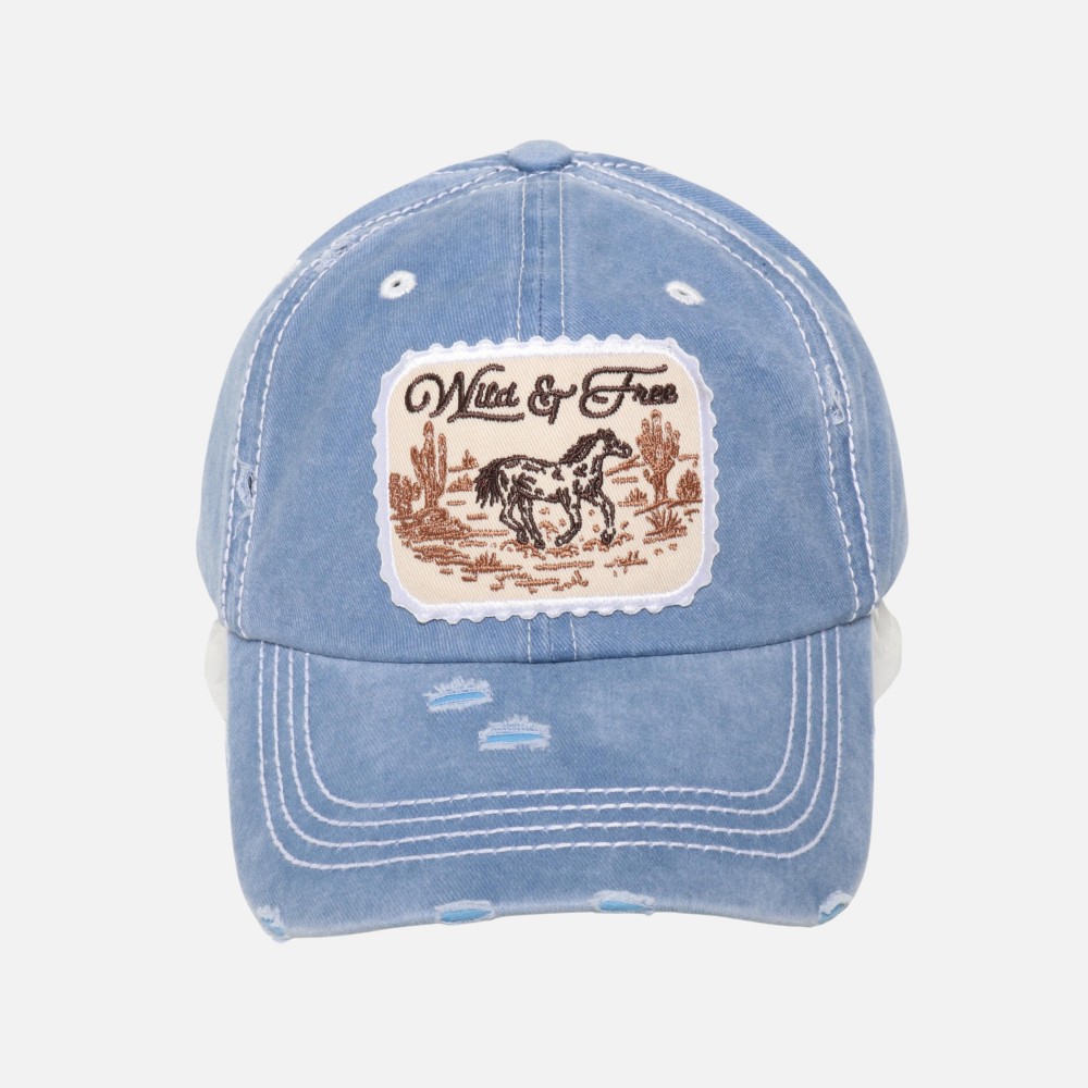 "Wild & Free" Patch Distressed Baseball Cap - One Size Fits Most - Velcro Adjustable Closure - 100% Cotton view 2