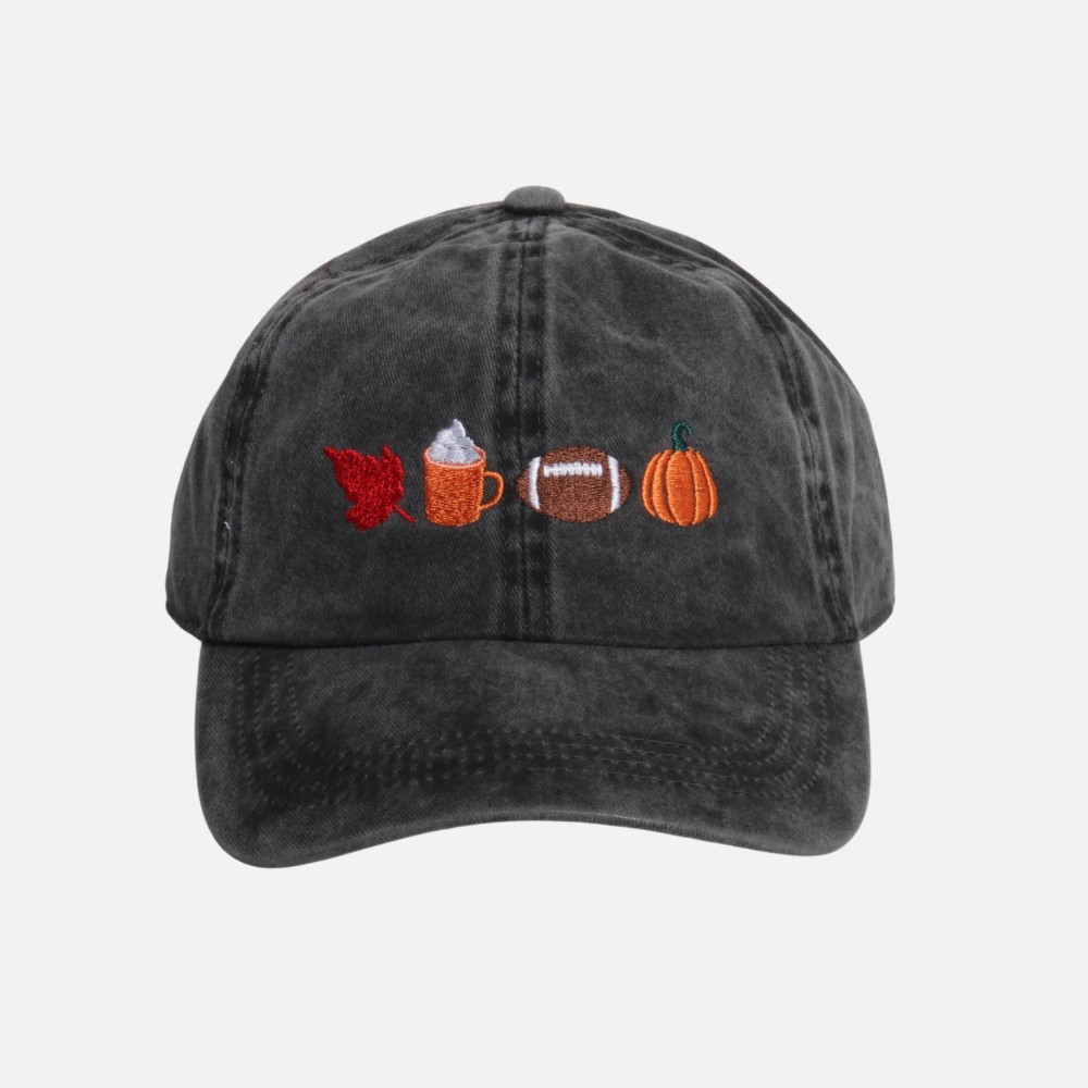 Embroidered Leaf, Pumpkin Spice Latte, Football, & Pumpkin Baseball Cap - One Size Fits Most - Slide Buckle Adjustment - 100% Cotton view 2