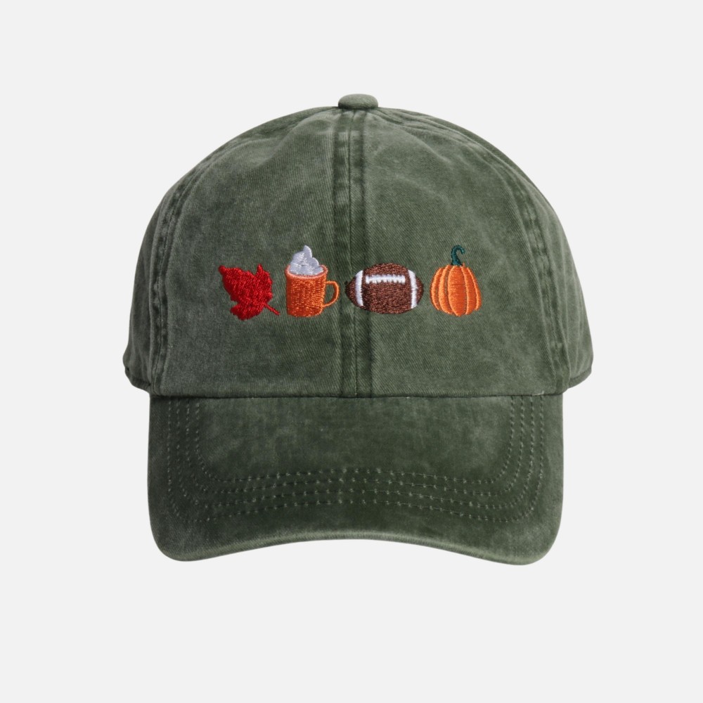 Embroidered Leaf, Pumpkin Spice Latte, Football, & Pumpkin Baseball Cap - One Size Fits Most - Slide Buckle Adjustment - 100% Cotton view 2