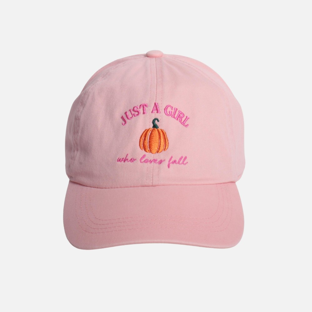 "JUST A GIRL who loves fall" & Pumpkin Embroidered Baseball Cap - One Size Fits Most - Slide Buckle Adjustment - 100% Cotton view 2