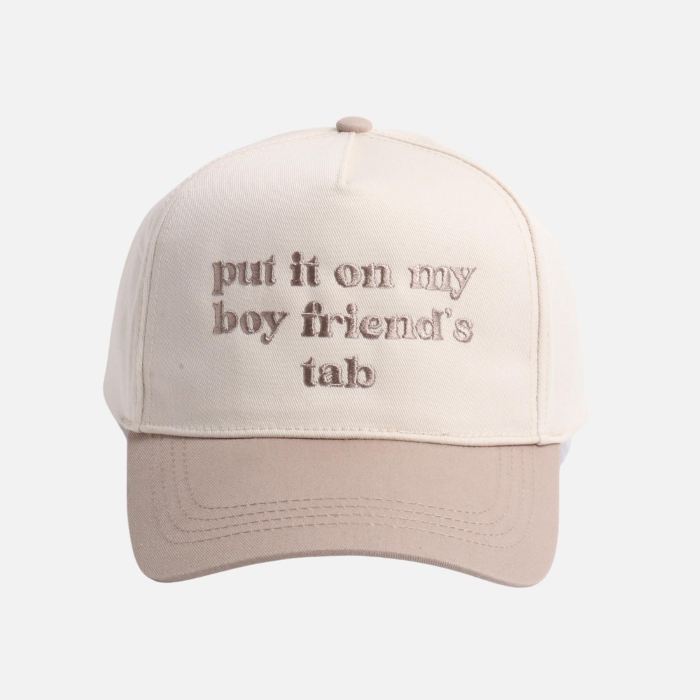 "put it on my boy friend's tab" Embroidered Two Tone Baseball Cap - One Size Fits Most - Snap Back Closure - 100% Cotton view 2