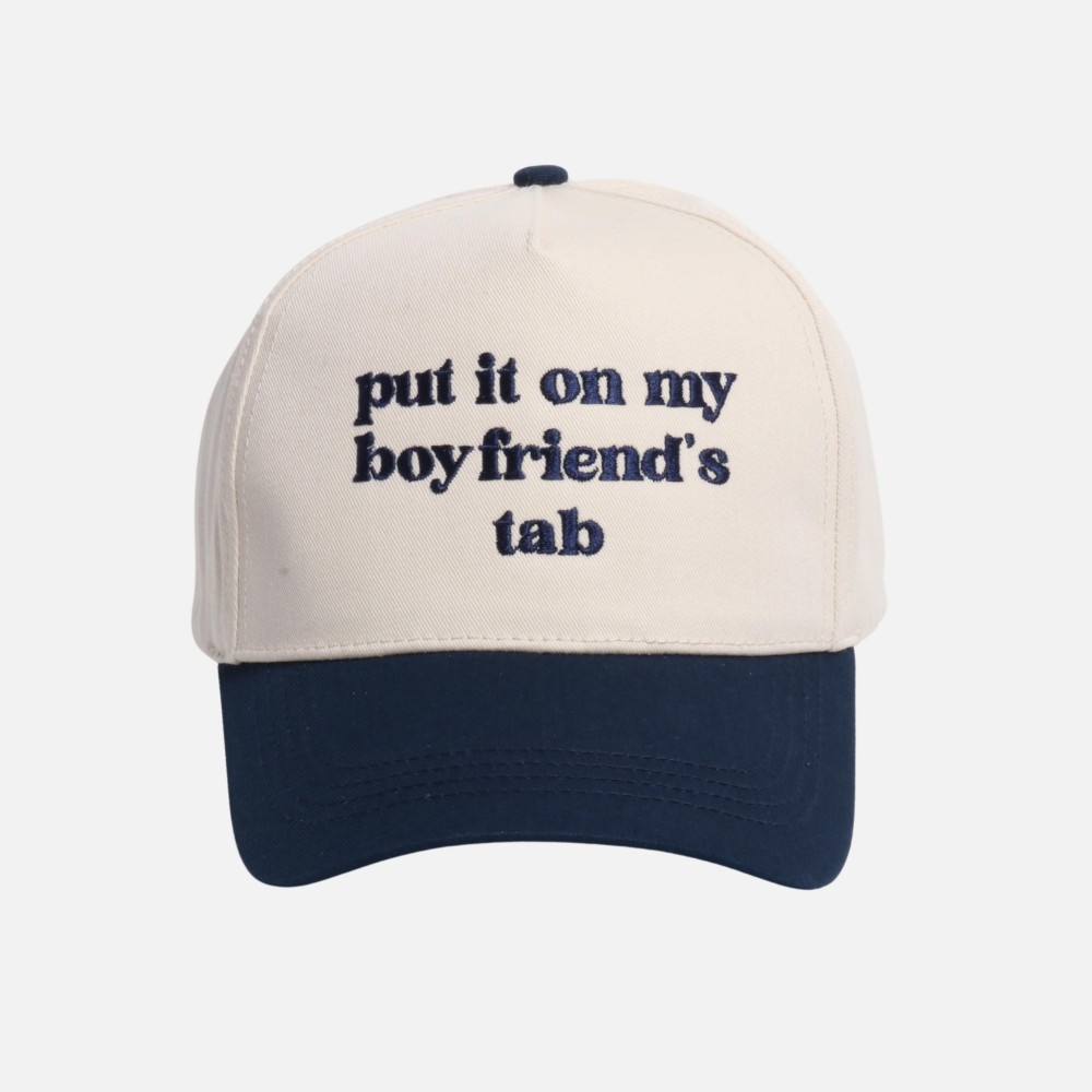 "put it on my boy friend's tab" Embroidered Two Tone Baseball Cap - One Size Fits Most - Snap Back Closure - 100% Cotton view 2