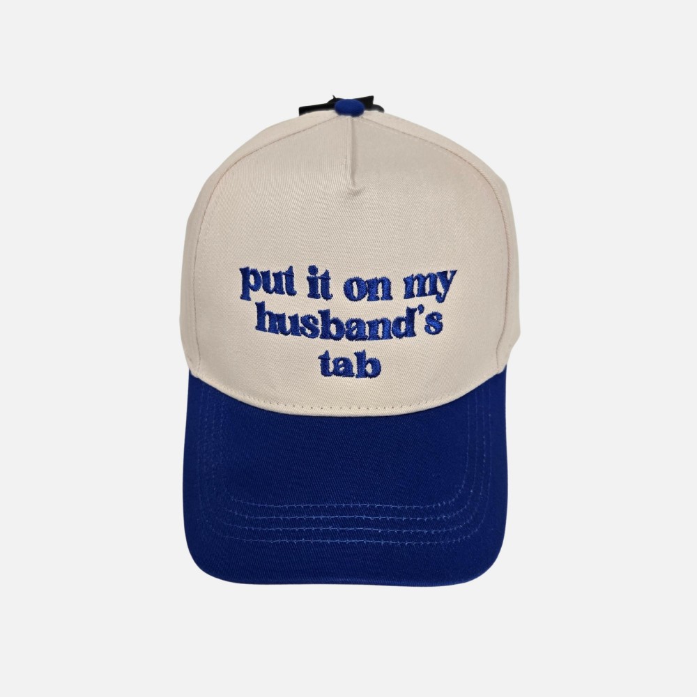 "put it on my husband's tab" Embroidered Two Tone Baseball Cap - One Size Fits Most - Snap Back Closure - 100% Cotton view 2