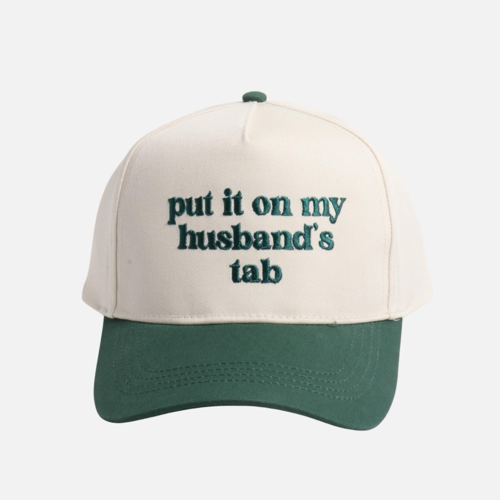 "put it on my husband's tab" Embroidered Two Tone Baseball Cap - One Size Fits Most - Snap Back Closure - 100% Cotton view 2