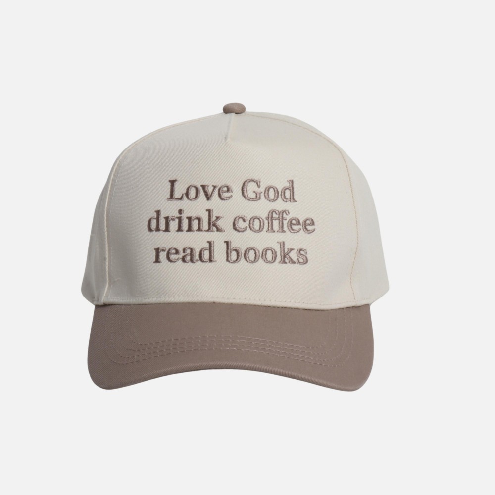 "Love God drink coffee read books" Embroidered Two Tone Baseball Cap - One Size Fits Most - Snap Back Closure - 100% Cotton view 2