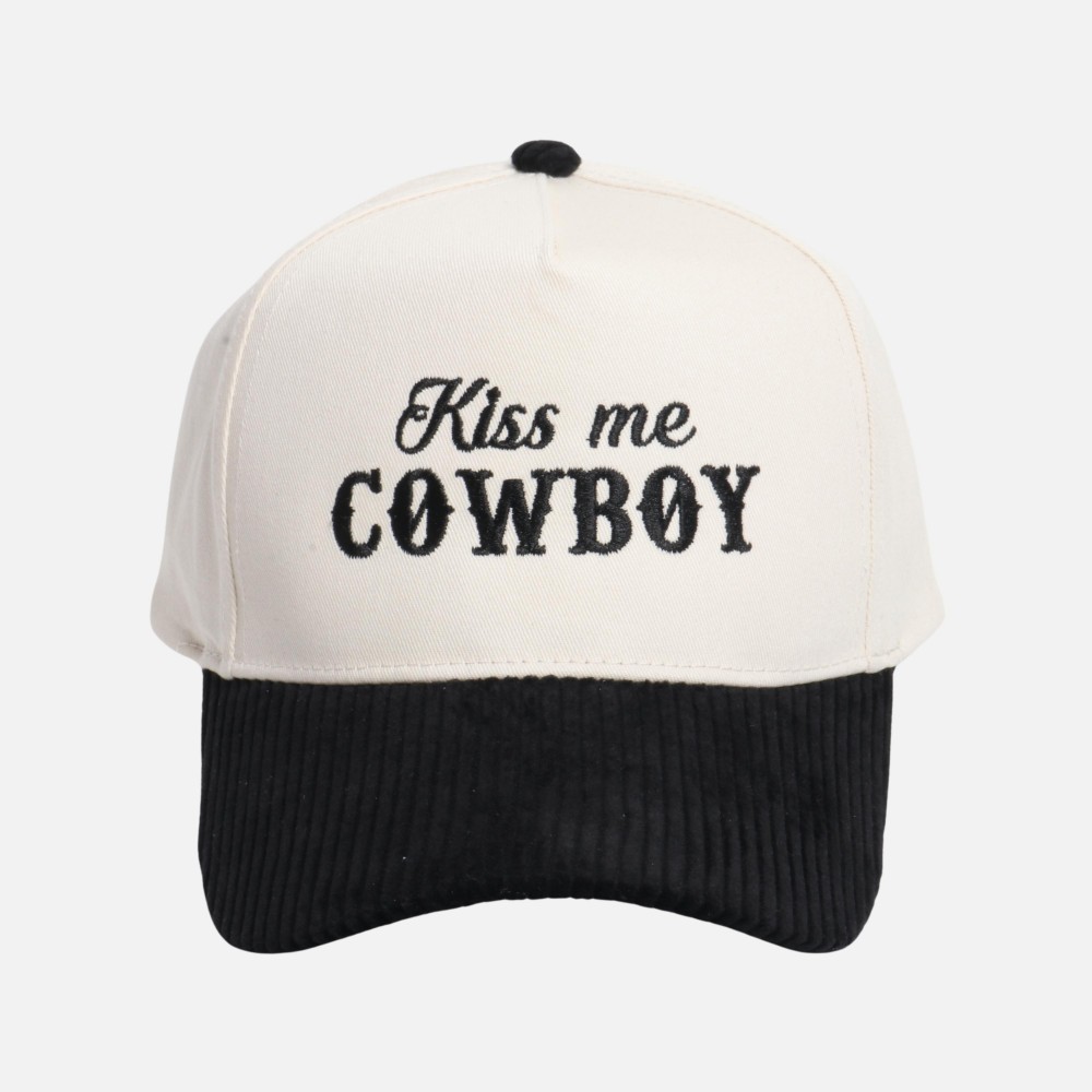"Kiss me COWBOY" Embroidered Two Tone Corduroy Bill Baseball Cap - One Size Fits Most - Snap Back Closure - 100% Cotton view 2