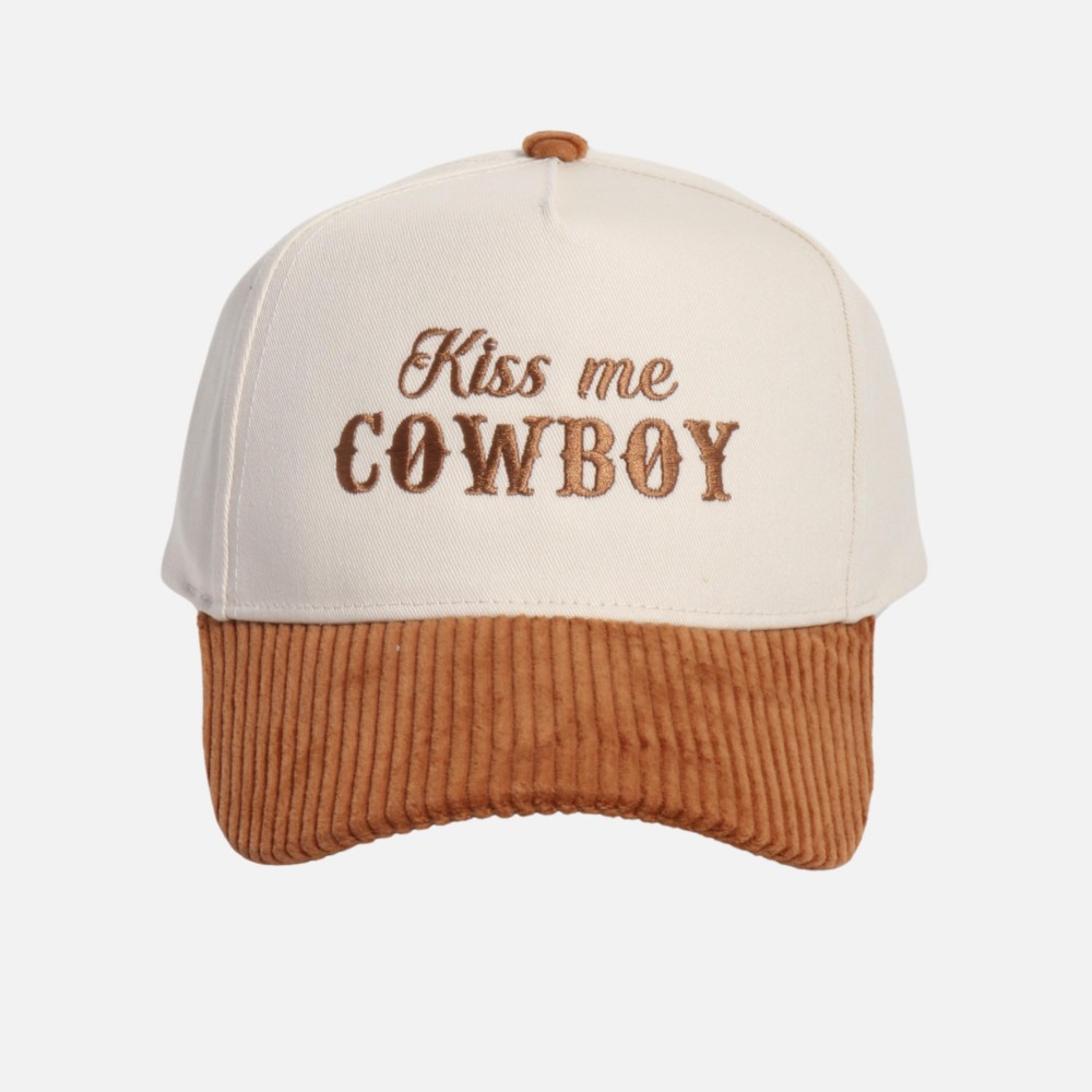 "Kiss me COWBOY" Embroidered Two Tone Corduroy Bill Baseball Cap - One Size Fits Most - Snap Back Closure - 100% Cotton view 2