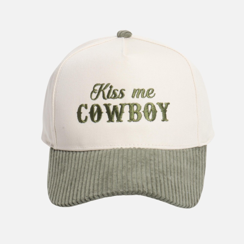 "Kiss me COWBOY" Embroidered Two Tone Corduroy Bill Baseball Cap - One Size Fits Most - Snap Back Closure - 100% Cotton view 2