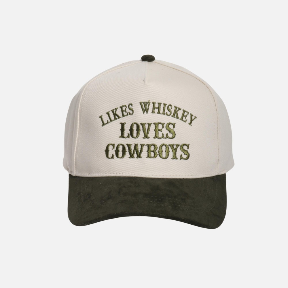 "LIKES WHISKEY LOVES COWBOYS" Embroidered Two Tone Faux Suede Bill Baseball Cap - One Size Fits Most - Snap Back Closure - 100% Cotton view 2