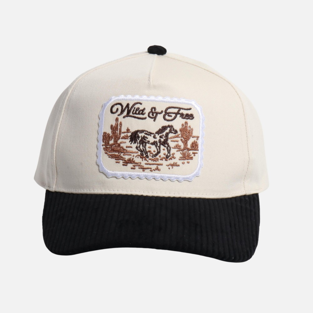 "Wild & Free" & Horse Embroidered Corduroy Bill Two Tone Baseball Cap - One Size Fits Most - Snap Back Closure - 100% Cotton view 2