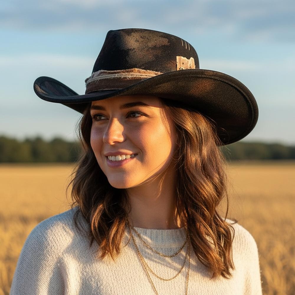 Rustic Cowgirl & Fedora Hat With Distressed Fabric Band - Versatile & Shapeable - One Size - 100% Polyester view 4