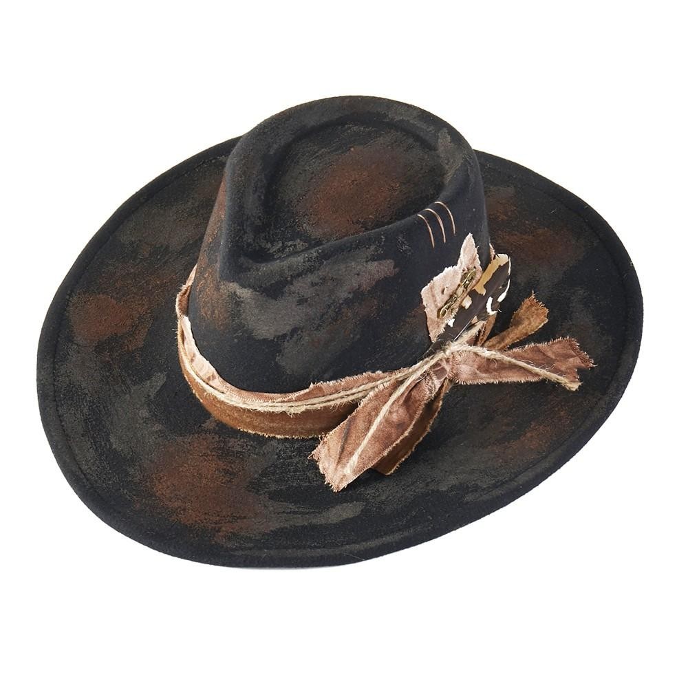 Rustic Cowgirl & Fedora Hat With Distressed Fabric Band - Versatile & Shapeable - One Size - 100% Polyester view 6