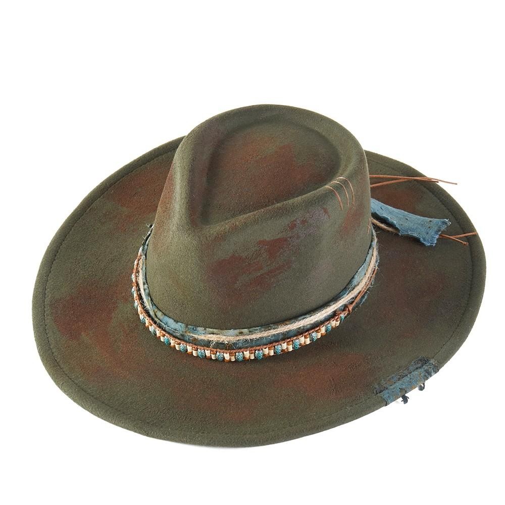 Rustic Cowgirl & Fedora Hat With Distressed Fabric & Beaded Band - Versatile & Shapeable - One Size - 100% Polyester view 4