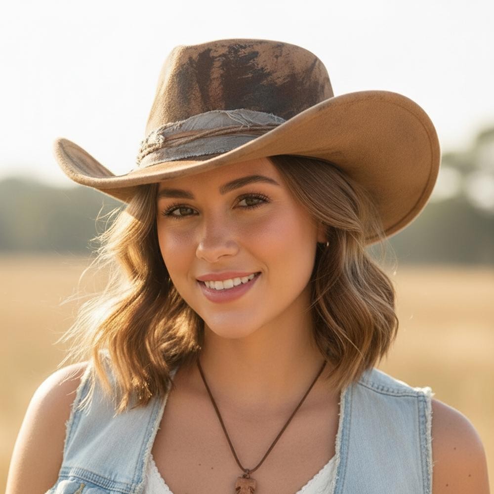 Rustic Cowgirl & Fedora Hat With Distressed Fabric Band - Versatile & Shapeable - One Size - 100% Polyester view 2