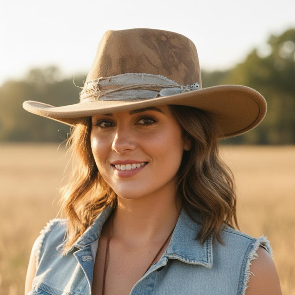 Rustic Cowgirl & Fedora Hat With Distressed Fabric Band - Versatile & Shapeable - One Size - 100% Polyester view 4