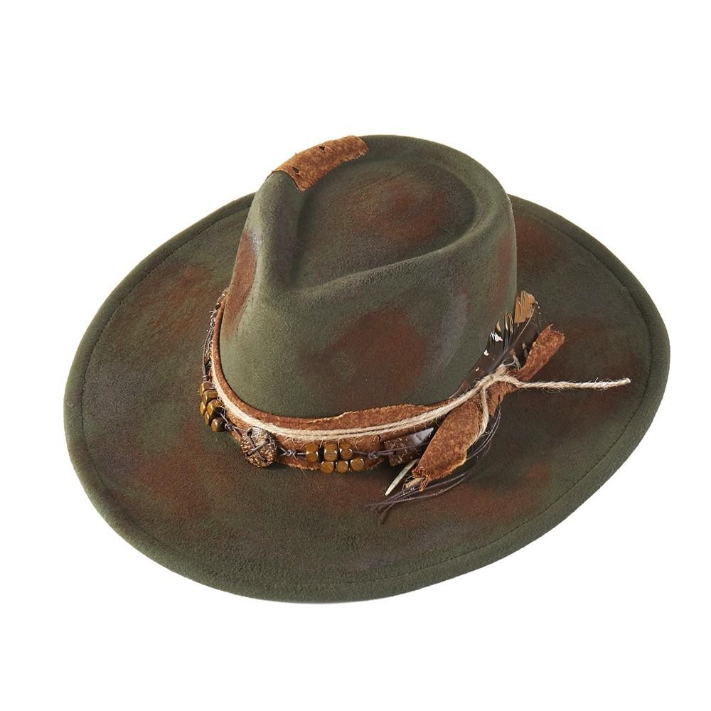Rustic Cowgirl & Fedora Hat With Distressed Fabric & Wood Beaded Band - Versatile & Shapeable - One Size - 100% Polyester view 6