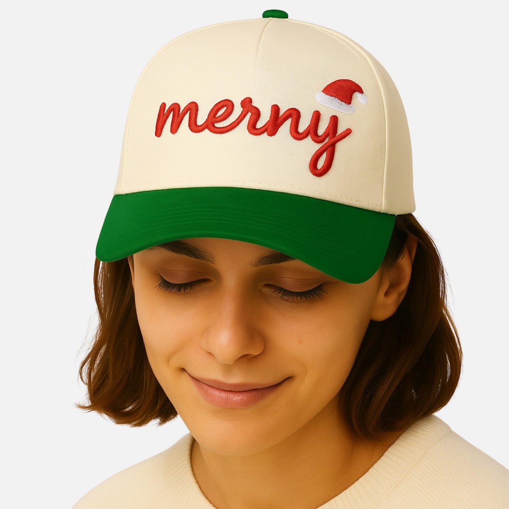 "merry" 3D Embroidered Two Tone Baseball Cap - One Size Fits Most - Snap Back Closure - 100% Cotton view 2