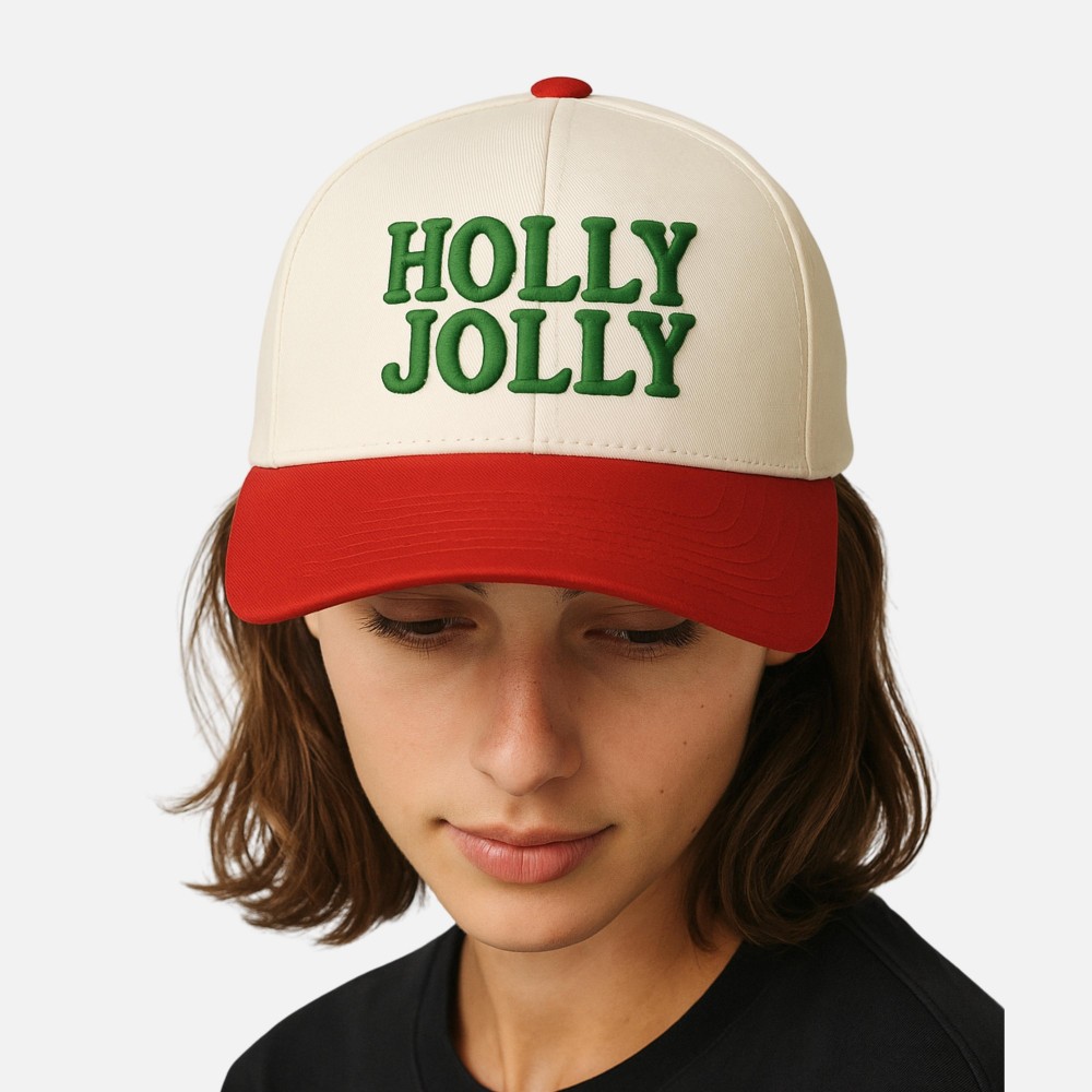 "HOLLY JOLLY" 3D Embroidered Two Tone Baseball Cap - One Size Fits Most - Snap Back Closure - 100% Cotton view 2