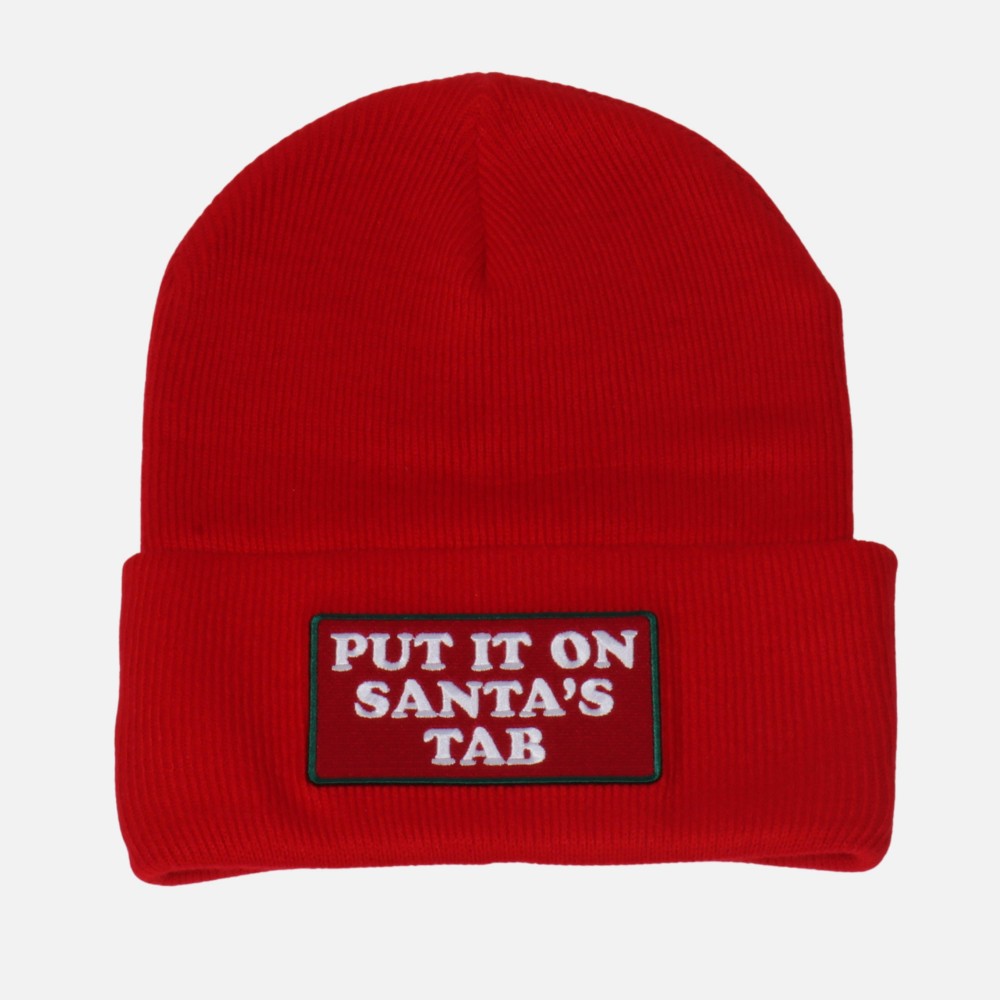 'Put It On Santa's Tab' Embroidered Patch Knit Cuffed Beanie - One Size Fits Most - 100% Acrylic view 2