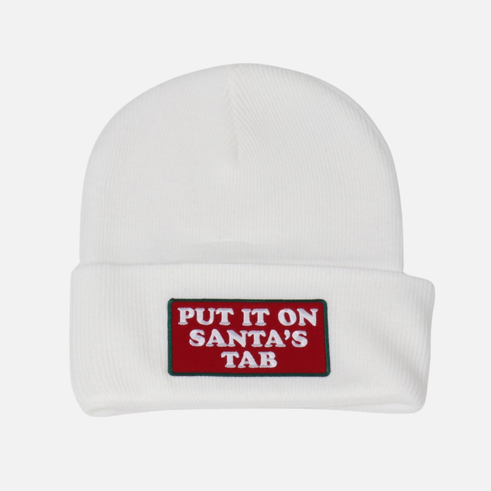 'Put It On Santa's Tab' Embroidered Patch Knit Cuffed Beanie - One Size Fits Most - 100% Acrylic view 2