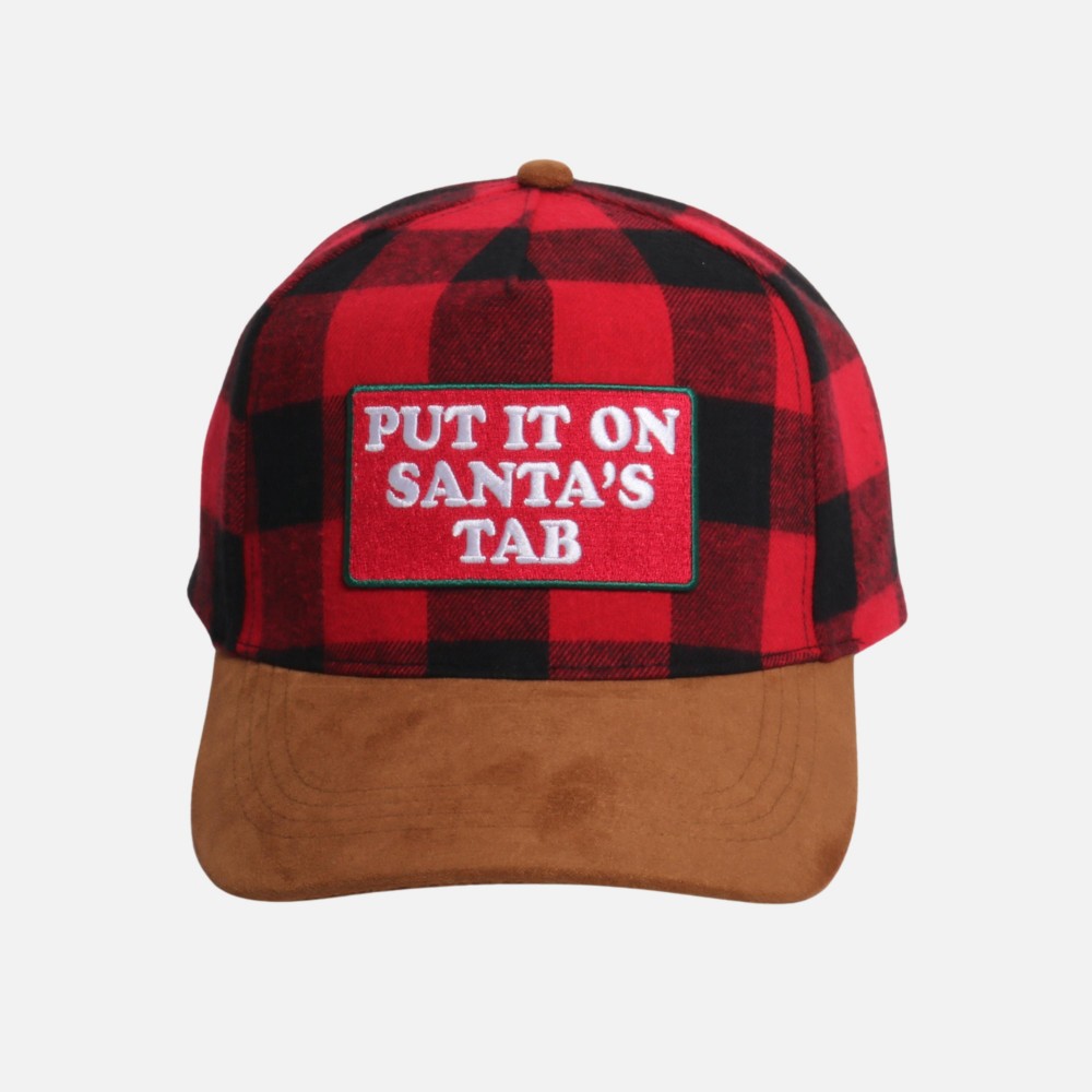 "Put It On Santa's Tab" Embroidered Patch Plaid Baseball Cap - One Size Fits Most - Snap Back Closure - 100% Cotton view 2