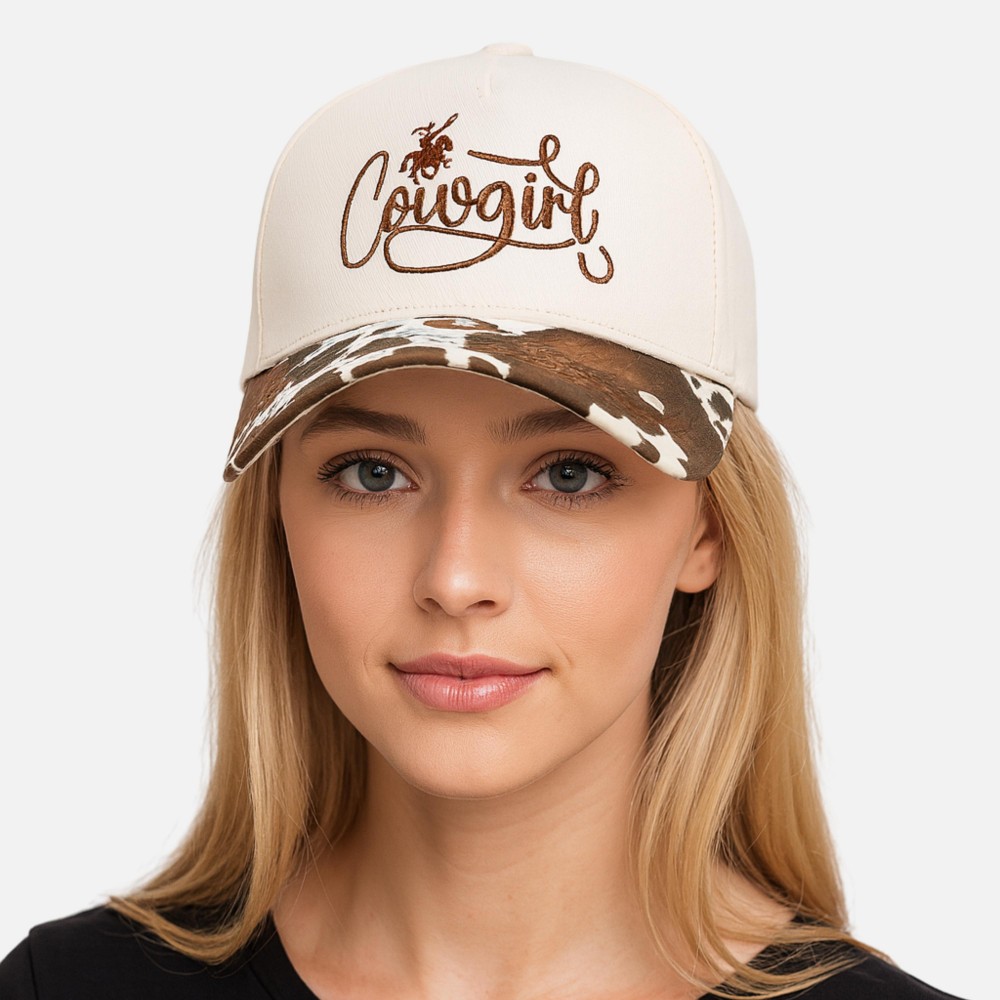 Do Everything In Love "Cowgirl" Embroidered Two Tone Cow Print Baseball Cap - One Size Fits Most - Snap Back Closure - 100% Cotton view 2