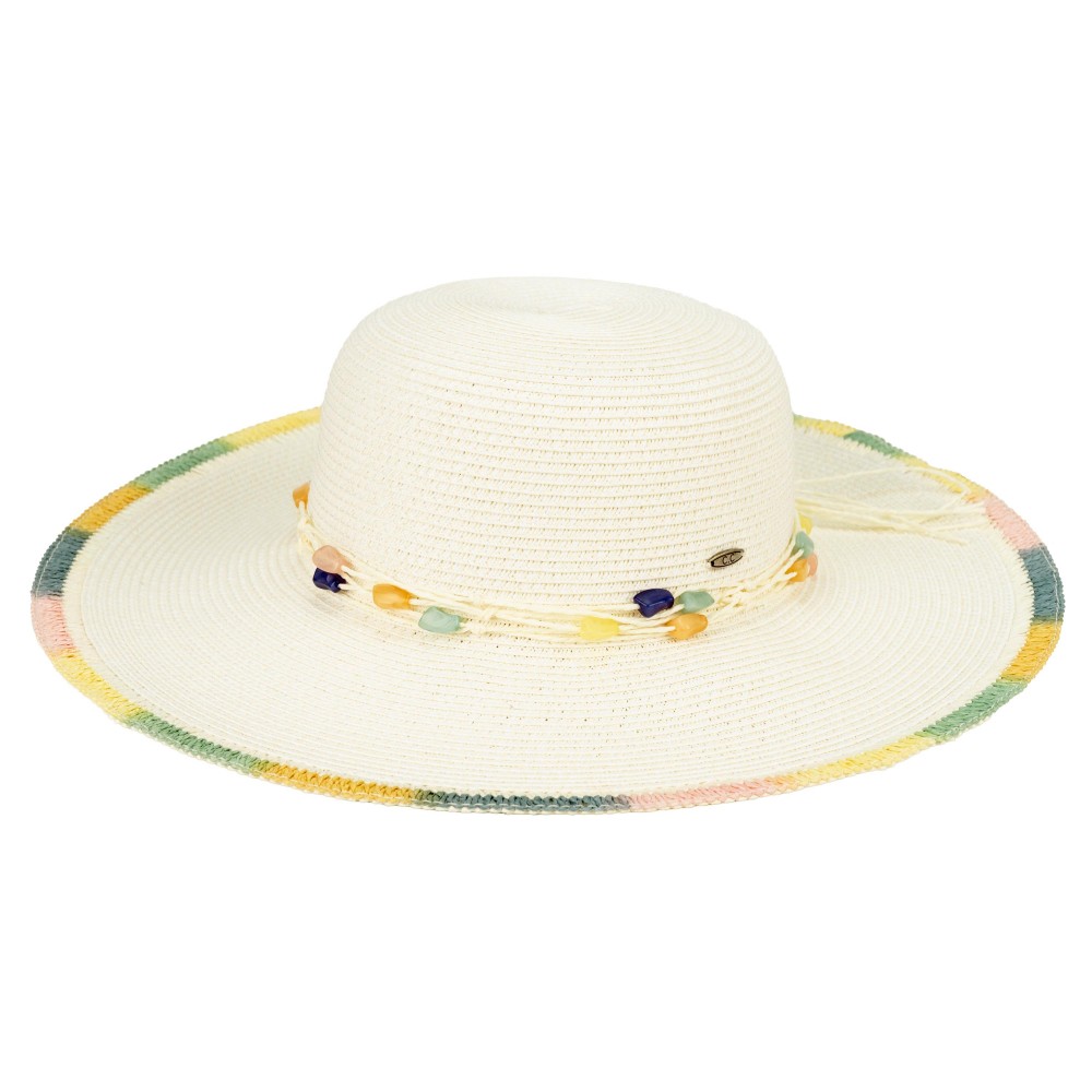 C.C STH0041 Straw Sun Hat With Multi Color Brim Detail & Stone Beaded Band - One Size Fits Most (Internal Drawstring Adjustable) - 80% Paper/ 20% Polyester - Brim Approximately 3.25" L view 2