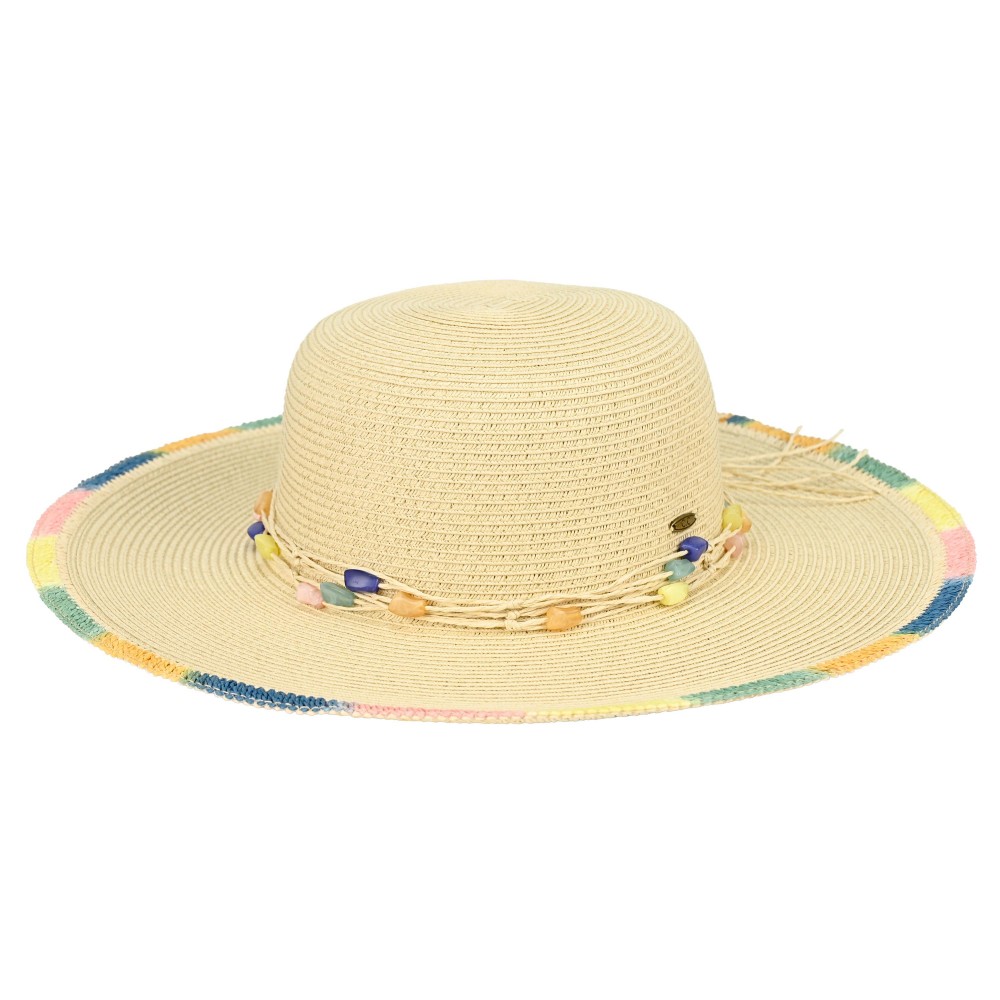 C.C STH0041 Straw Sun Hat With Multi Color Brim Detail & Stone Beaded Band - One Size Fits Most (Internal Drawstring Adjustable) - 80% Paper/ 20% Polyester - Brim Approximately 3.25" L view 2