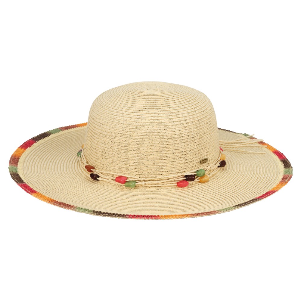 C.C STH0041 Straw Sun Hat With Multi Color Brim Detail & Stone Beaded Band - One Size Fits Most (Internal Drawstring Adjustable) - 80% Paper/ 20% Polyester - Brim Approximately 3.25" L view 2