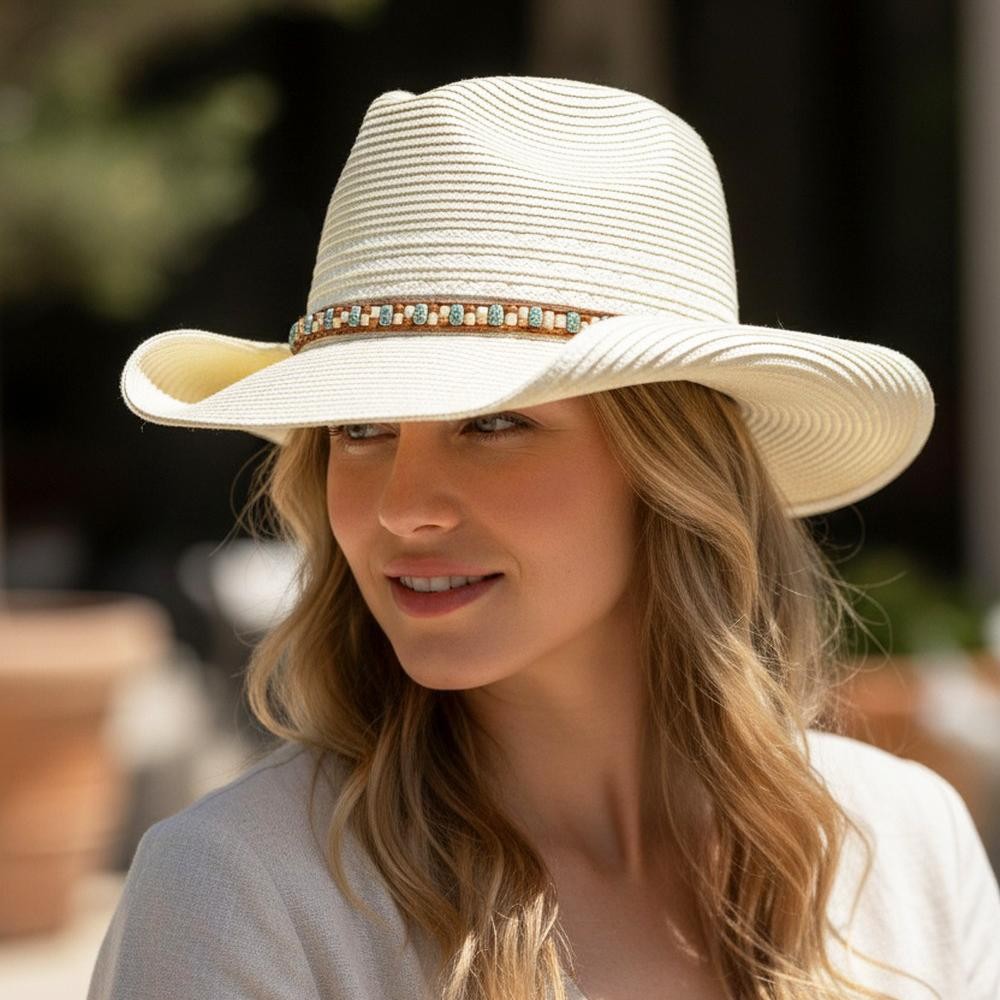 Straw Cowboy Hat With Multicolor Beaded Band - One Size - 100% Paper view 2