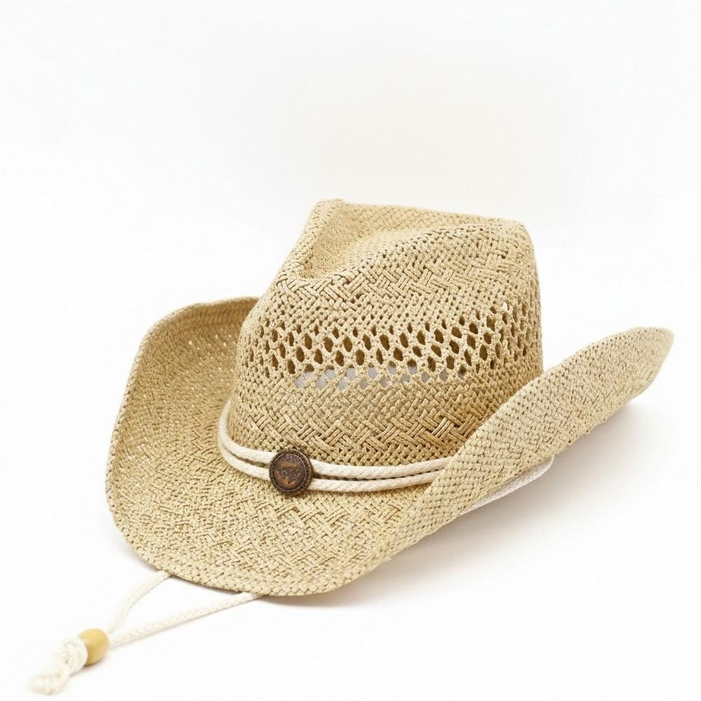 Western Straw Cowboy Hat With Antique Anchor Button & Chin Strap - One Size - 100% Paper view 4