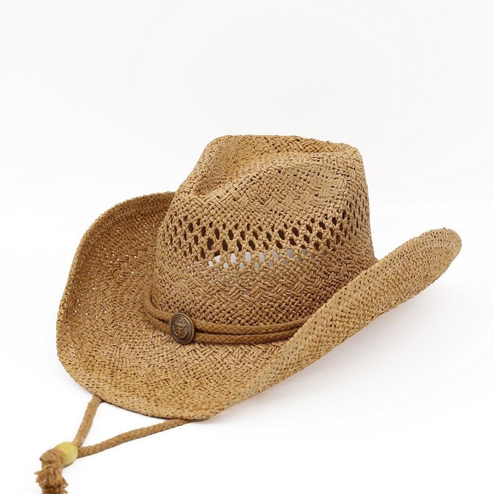 Western Straw Cowboy Hat With Antique Anchor Button & Chin Strap - One Size - 100% Paper view 4